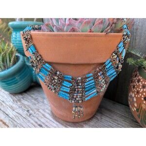 Vintage Egyptian Revival Necklace; Faience Bead Blue Tribal Bib Necklace